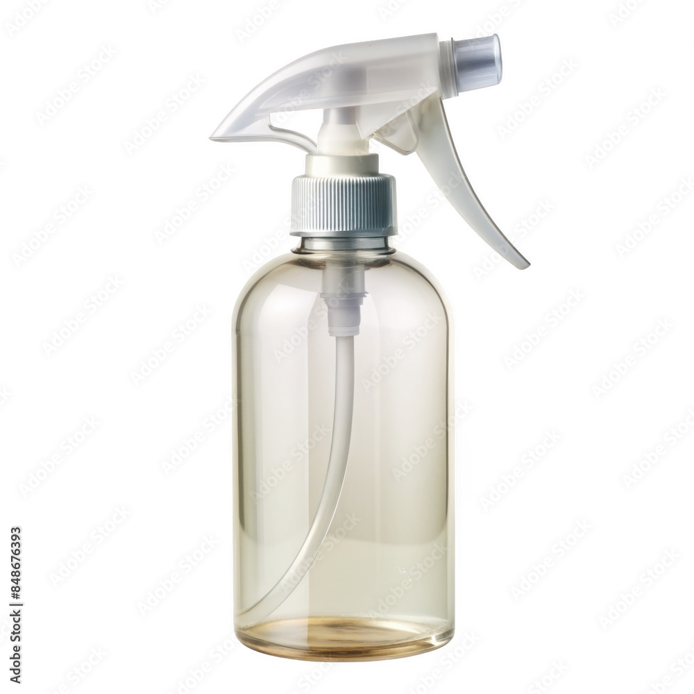 Clear plastic spray bottle with a grey nozzle. Ideal for dispensing various liquids like water or cleaning solutions. Isolated on transparent background, png. Clear plastic spray bottle with a grey nozzle. Ideal for dispensing various liquids like water or cleaning solutions. Isolated on transparent background, png.