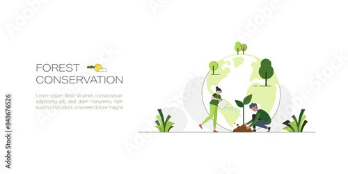 Charactors planting tree, Forest, Reforestation. Sustainable concept of Green ecology and Environment background. Flat Vector Illustration.