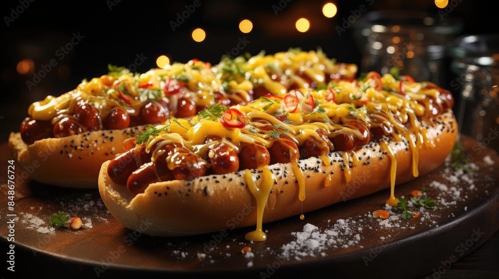 hotdog with a large sausage filled with melted mayonnaise and a sprinkling of chopped greens hotdog with a large sausage filled with melted mayonnaise and a sprinkling of chopped greens