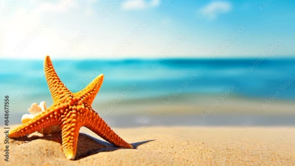 A starfish on the beach against the background of sea waves and the sun. Summer vacation. A starfish on the beach against the background of sea waves and the sun. Summer vacation.