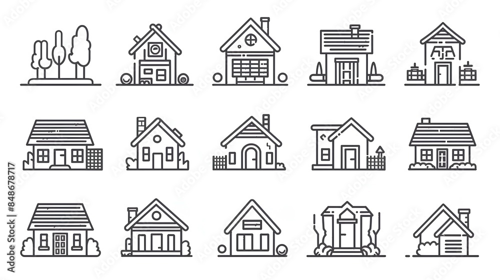 A set of clear, finely detailed line icons of houses on a white background, illustrating a range of home structures and forms.
