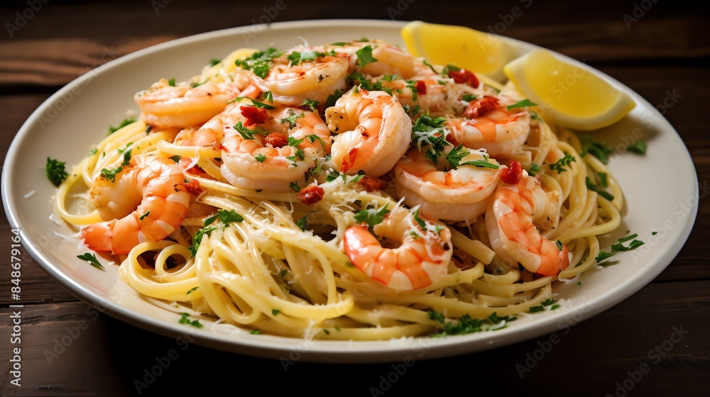 A plate of shrimp scampi with linguine A plate of shrimp scampi with linguine