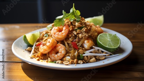 A plate of pad thai with peanuts and lime photo