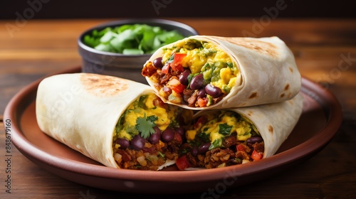 A plate of breakfast burritos with salsa