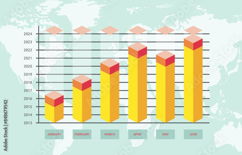 Flat Design Illustration of Business Success Growth Bar Chart Diagram Statistic Data with World Map Background