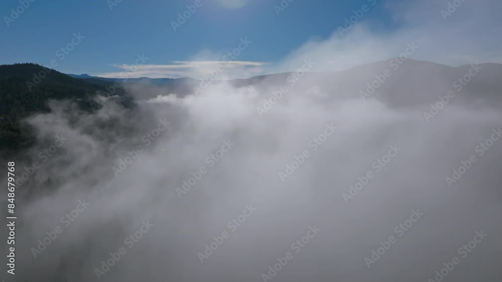 Morning fog blankets serene Lewis River Valley in the Pacific Northwest, Washington State, drone shot Morning fog blankets serene Lewis River Valley in the Pacific Northwest, Washington State, drone shot
