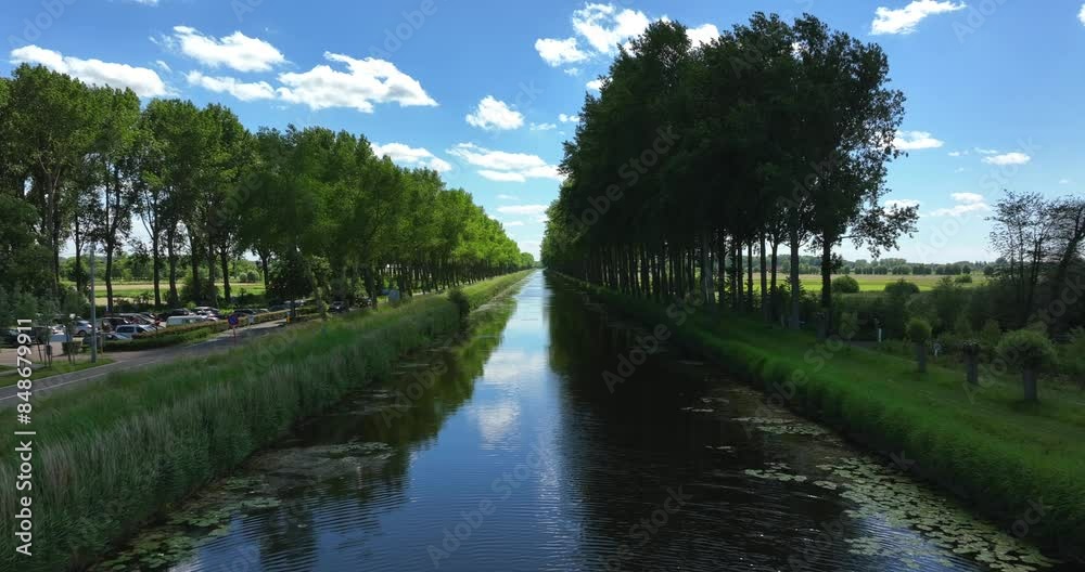 Damme, Belgium, June 2022. Drone pushes forwards above the Damse Vaart a serene canal lined with trees that stretch into the distance under a bright blue sky. Damme, Belgium, June 2022. Drone pushes forwards above the Damse Vaart a serene canal lined with trees that stretch into the distance under a bright blue sky.
