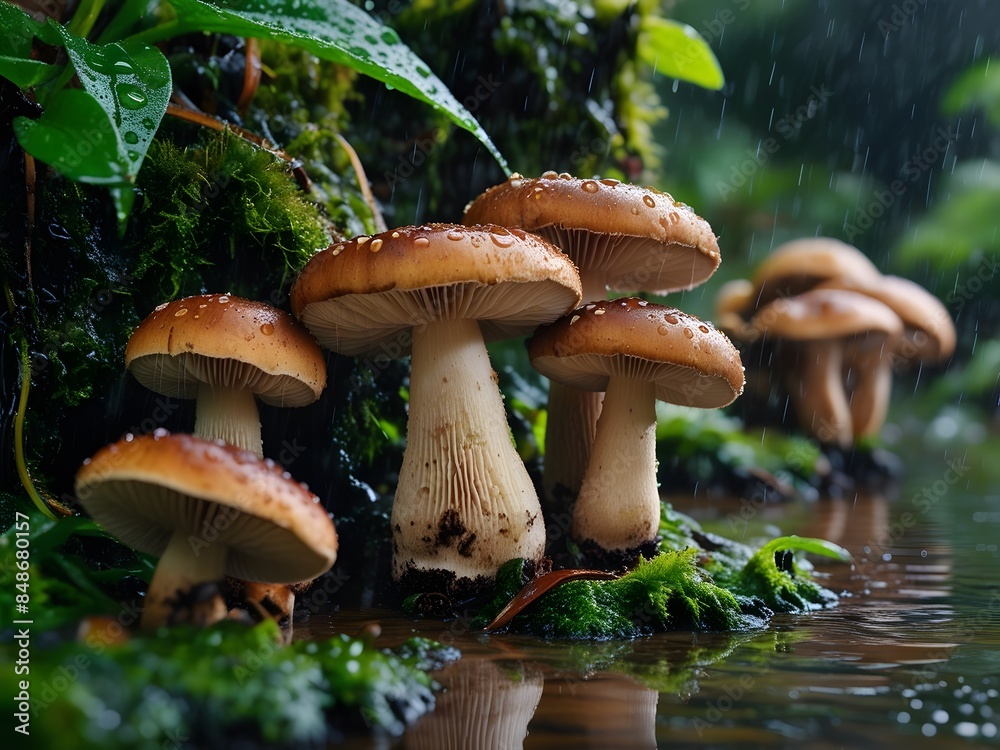A detailed close-up of a wild mushroom thriving on a moist forest floor during the rainy season A detailed close-up of a wild mushroom thriving on a moist forest floor during the rainy season