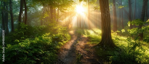 Sun-dappled forest with a winding path, representing green energy routes and sustainability journey, lush and vibrant greenery, serene and peaceful photo