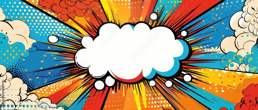 Naklejka premium Pop art explosion background with a central speech bubble, bright and bold colors, comic book inspired, dynamic and energetic visual