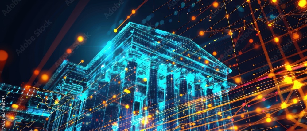 Illustration of a court building on a digital background, with glowing lines of code, symbolizing the integration of law and technology Illustration of a court building on a digital background, with glowing lines of code, symbolizing the integration of law and technology