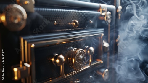 Luxurious locked safe close-up, showcasing strong construction, sophisticated locking mechanism, and a smoke-filled background for dramatic effect