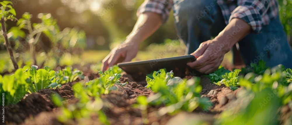 Farmer using a digital tablet to monitor vegetable growth in an organic farm, close-up view, smart farming and agriculture technology Farmer using a digital tablet to monitor vegetable growth in an organic farm, close-up view, smart farming and agriculture technology