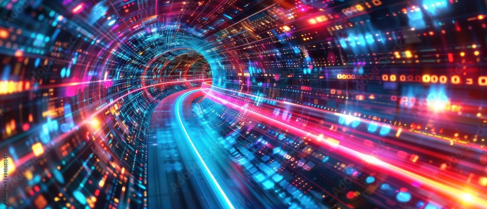 Fototapeta premium Digital data vortex with vibrant lights, highspeed abstract tech tunnel, futuristic visualization, dynamic motion, high-tech atmosphere