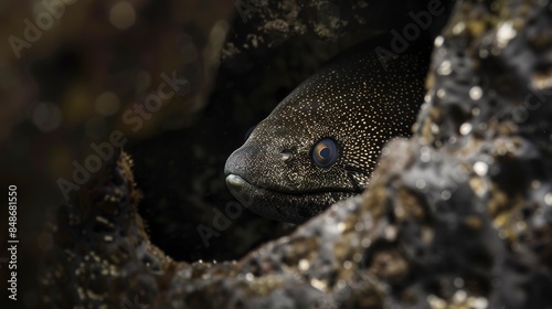 Close-up portrait of a moray eel peeking from its rocky hideaway, detailed textures of its skin under soft light. © Thanthara