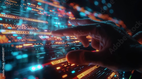 Close-up of fingers interacting with a futuristic display of digital code, representing programming and cybersecurity, glowing interface with data