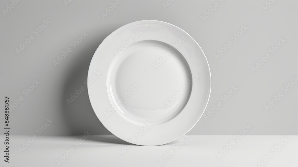 Minimalist white dinner plate, isolated in a studio setup, featuring a glossy finish and perfect round shape, ideal for advertising Minimalist white dinner plate, isolated in a studio setup, featuring a glossy finish and perfect round shape, ideal for advertising