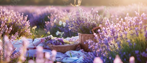 Charming picnic scene in a lavender field, wicker baskets filled with flowers, cozy blankets, tranquil and sunlit, surrounded by nature photo