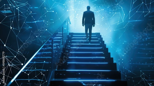 Businessperson ascending a futuristic staircase, moving towards the future of technology and blockchain, Web30 and metaverse focus photo