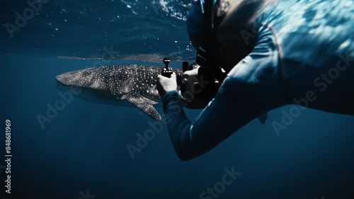 Photographer swims alongside whale shark eating at surface of rocky ocean waters photo