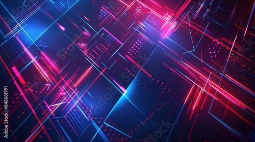Abstract digital neon geometric shapes on a dark background, glowing lines in blue and red, futuristic technology theme