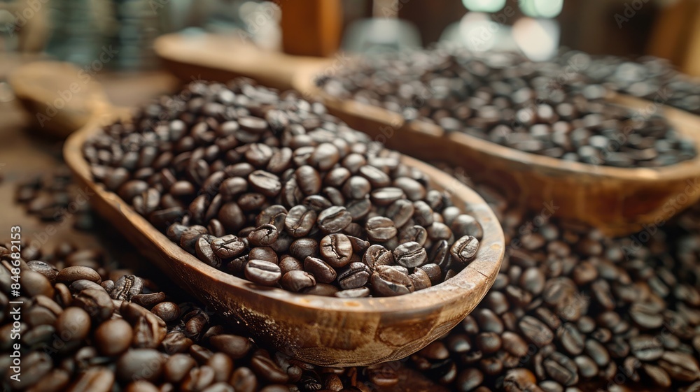 Rustic Wooden Spoons Filled with Roasted Coffee Beans in a Cozy Setting Rustic Wooden Spoons Filled with Roasted Coffee Beans in a Cozy Setting