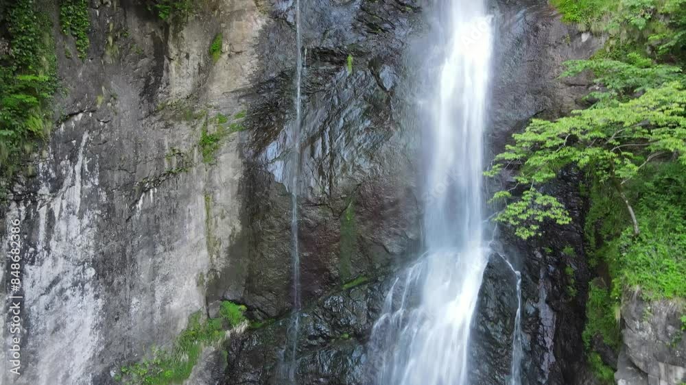 Aerial view of waterfall surrounded by green planets and stones Aerial view of waterfall surrounded by green planets and stones