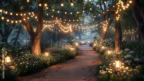 Enchanted Forest Path Illuminated by String Lights
