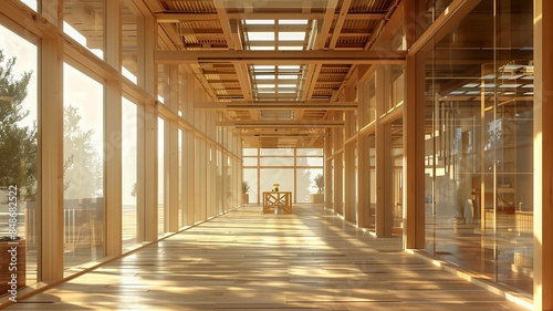 Sunlit Wooden Corridor with Glass Walls