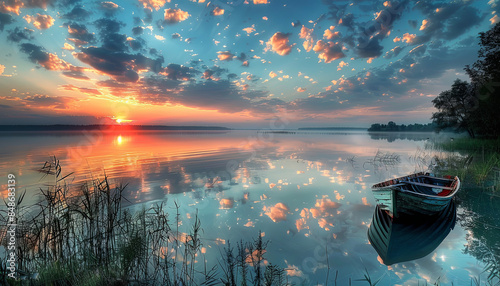Sunset Over Lake with Calm Waters and Clouds photo
