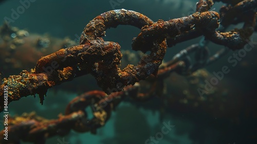 Macro shot of a rusting chain link on a shipwreck, intricate detail of decay and marine encrustation.
