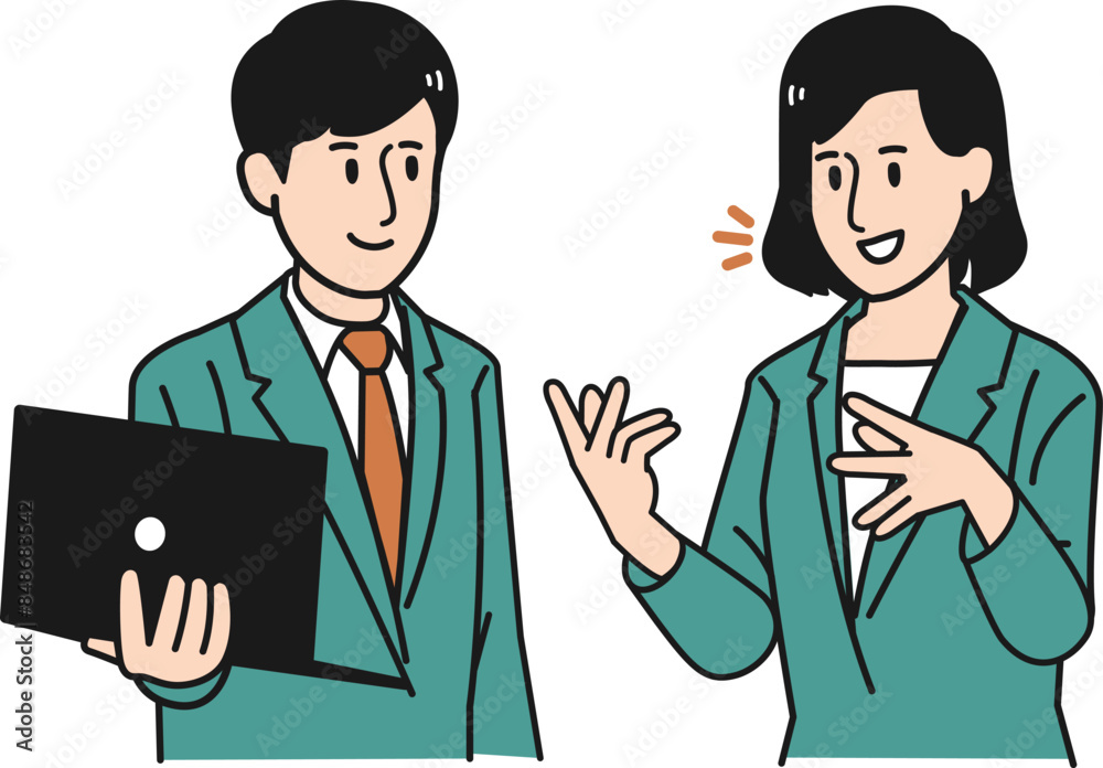 ビジネスパーソンの女性が手振りを交えて話し男性がパソコンを持ちながら聞いているイラスト ビジネスパーソンの女性が手振りを交えて話し男性がパソコンを持ちながら聞いているイラスト