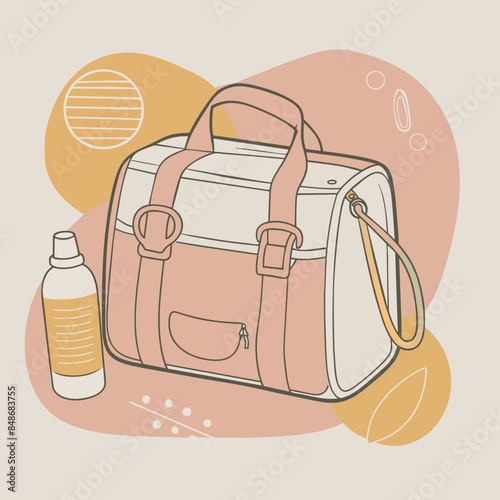 Baby care bag, kids infant child care stuff and accessory carrying travel bag for outdoor logo vector. baby toddler carry bag to pack diaper and milk bottle handbag symbol mark. mother child carry bag