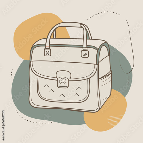 Baby care bag, kids infant child care stuff and accessory carrying travel bag for outdoor logo vector. baby toddler carry bag to pack diaper and milk bottle handbag symbol mark. mother child carry bag