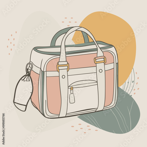 Baby care bag, kids infant child care stuff and accessory carrying travel bag for outdoor logo vector. baby toddler carry bag to pack diaper and milk bottle handbag symbol mark. mother child carry bag