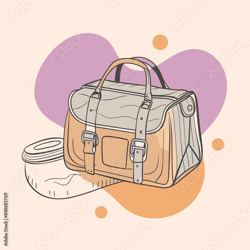 Baby care bag, kids infant child care stuff and accessory carrying travel bag for outdoor logo vector. baby toddler carry bag to pack diaper and milk bottle handbag symbol mark. mother child carry bag