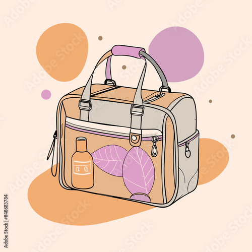 Baby care bag, kids infant child care stuff and accessory carrying travel bag for outdoor logo vector. baby toddler carry bag to pack diaper and milk bottle handbag symbol mark. mother child carry bag