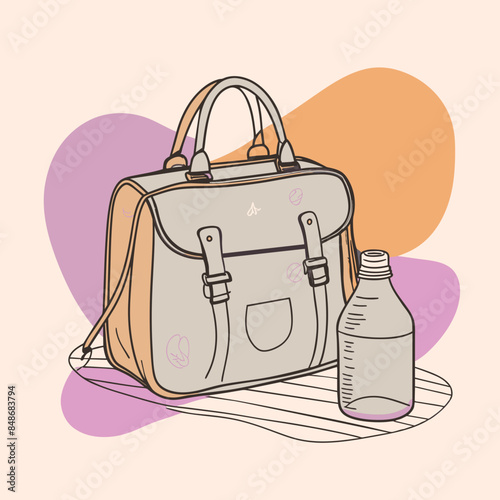 Baby care bag, kids infant child care stuff and accessory carrying travel bag for outdoor logo vector. baby toddler carry bag to pack diaper and milk bottle handbag symbol mark. mother child carry bag