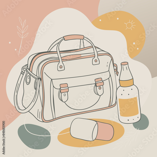 Baby care bag, kids infant child care stuff and accessory carrying travel bag for outdoor logo vector. baby toddler carry bag to pack diaper and milk bottle handbag symbol mark. mother child carry bag