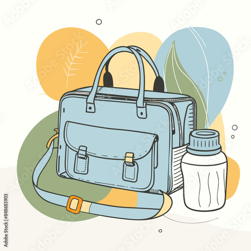 Baby care bag, kids infant child care stuff and accessory carrying travel bag for outdoor logo vector. baby toddler carry bag to pack diaper and milk bottle handbag symbol mark. mother child carry bag