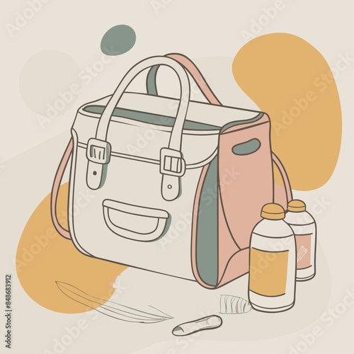 Baby care bag, kids infant child care stuff and accessory carrying travel bag for outdoor logo vector. baby toddler carry bag to pack diaper and milk bottle handbag symbol mark. mother child carry bag