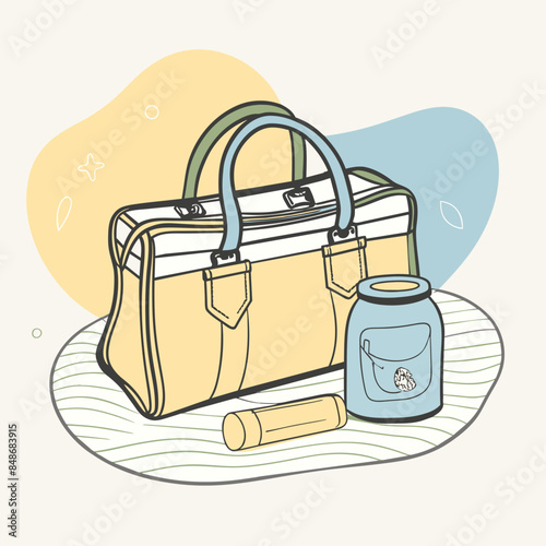 Baby care bag, kids infant child care stuff and accessory carrying travel bag for outdoor logo vector. baby toddler carry bag to pack diaper and milk bottle handbag symbol mark. mother child carry bag