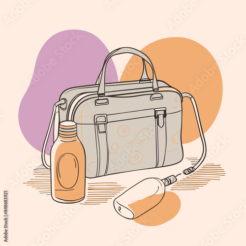 Baby care bag, kids infant child care stuff and accessory carrying travel bag for outdoor logo vector. baby toddler carry bag to pack diaper and milk bottle handbag symbol mark. mother child carry bag