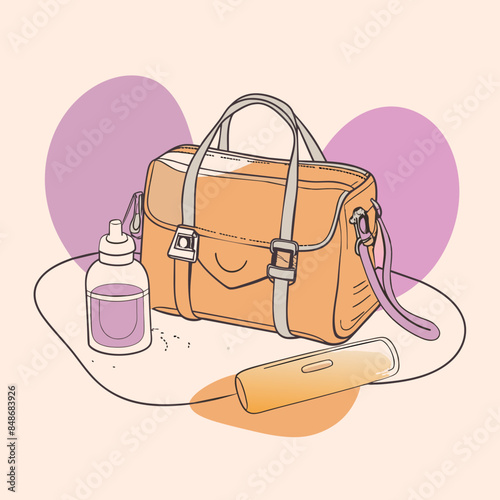 Baby care bag, kids infant child care stuff and accessory carrying travel bag for outdoor logo vector. baby toddler carry bag to pack diaper and milk bottle handbag symbol mark. mother child carry bag
