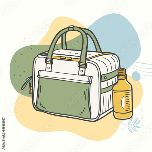 Baby care bag, kids infant child care stuff and accessory carrying travel bag for outdoor logo vector. baby toddler carry bag to pack diaper and milk bottle handbag symbol mark. mother child carry bag