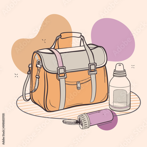 Baby care bag, kids infant child care stuff and accessory carrying travel bag for outdoor logo vector. baby toddler carry bag to pack diaper and milk bottle handbag symbol mark. mother child carry bag