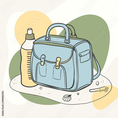 Baby care bag, kids infant child care stuff and accessory carrying travel bag for outdoor logo vector. baby toddler carry bag to pack diaper and milk bottle handbag symbol mark. mother child carry bag