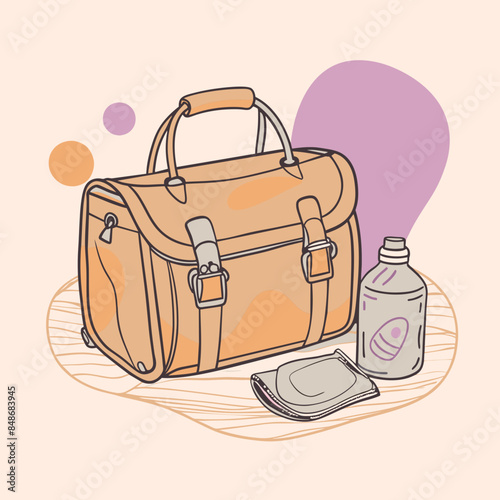 Baby care bag, kids infant child care stuff and accessory carrying travel bag for outdoor logo vector. baby toddler carry bag to pack diaper and milk bottle handbag symbol mark. mother child carry bag