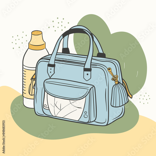 Baby care bag, kids infant child care stuff and accessory carrying travel bag for outdoor logo vector. baby toddler carry bag to pack diaper and milk bottle handbag symbol mark. mother child carry bag