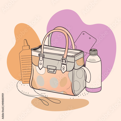 Baby care bag, kids infant child care stuff and accessory carrying travel bag for outdoor logo vector. baby toddler carry bag to pack diaper and milk bottle handbag symbol mark. mother child carry bag